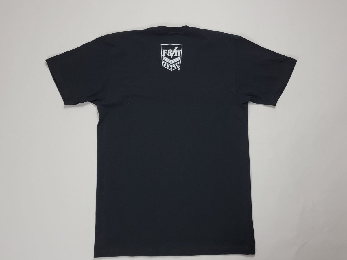 Back view of black MeWe Christian Unity T-shirt with F8TH Brand detail