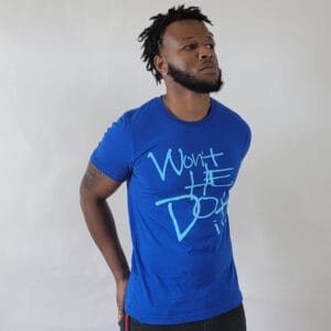 Man wearing blue t-shirt