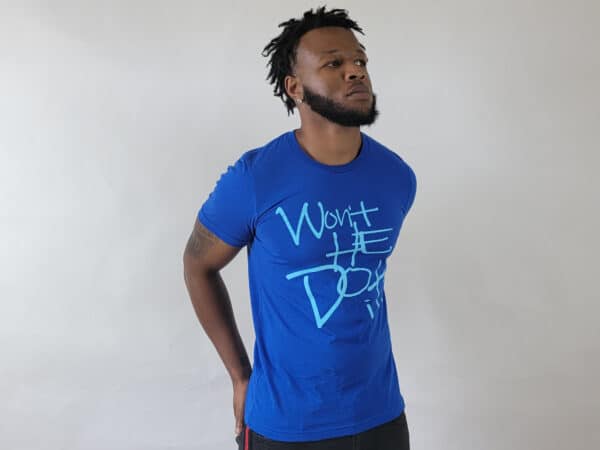 Man wearing blue t-shirt